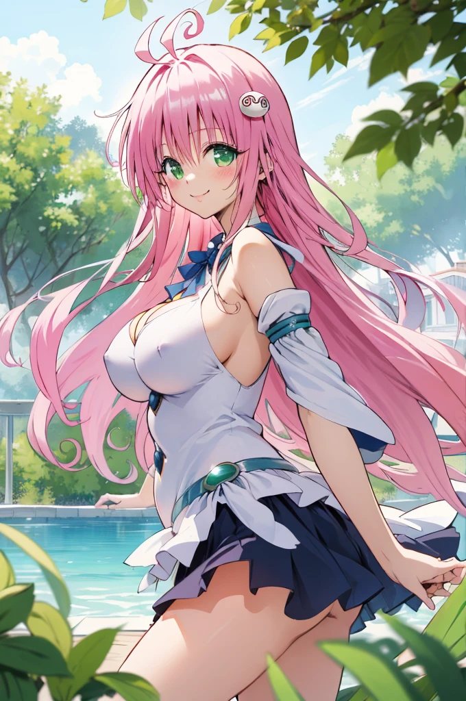 , aalala, long hair, ahoge, hair ornament, green eyes,pink, ,huge breasts,,,looking viewer,,,nature,smile,(blush),side boob,cowboy shot,from side,