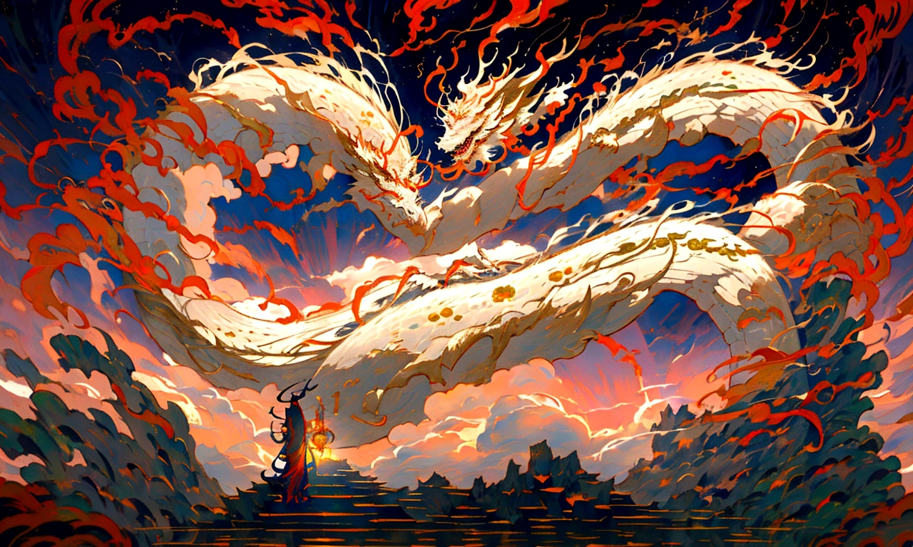 great dragon god, gentle gaze, fantastic background, moonlight background, sea of clouds background, golden splashes, mysterious, divine light, mythical creature, traditional Chinese dragon, myth, speckled light, hazy haze, mysterious aura, masterpiece, fantastic, elegant dragon, good fortune, fantasy art