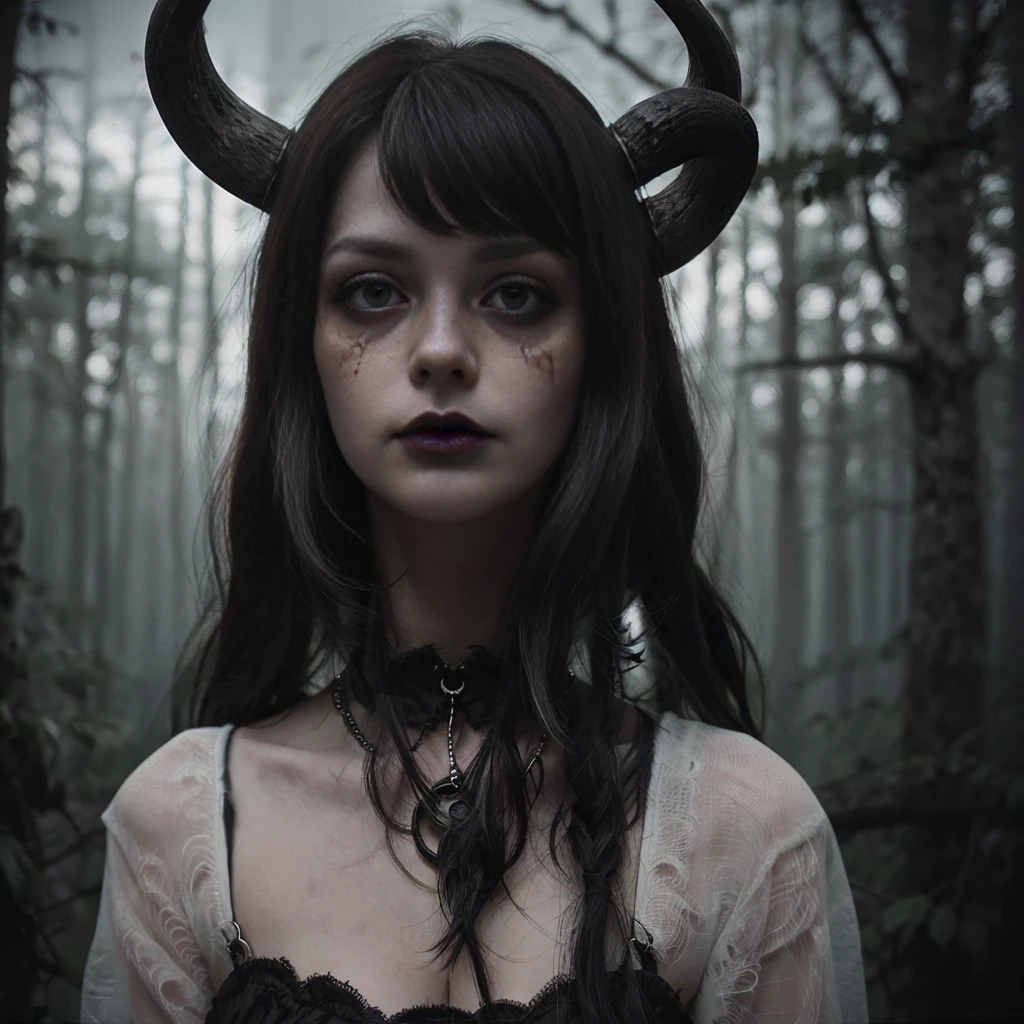 (Best Quality,hight resolution,Masterpiece, portrait:1.2),Ultra-detailed,blonde demon woman with black metal make-up,sickly, standing with a desolated land in the background, she's wearing a viking helmet with deer horns, desolated landscape in the background, black dripping make up, black metal make-up, demon woman with deer horns, close up portrait, viking witch aesthetic, nordic traits, cinematic portrait shot, horror vibes, centered subject,gloomy ecstasy,fetish,dark gloomy atmosphere, creepy atmosphere, gritty texture,Retro-atmosphere,warped reality,melancholic expression on his face,mysterious aura,foggy atmosphere,foggy background,Subtle color palette,provocative pose,Strong emotions,Coming Out of the Depths of Despair,Piercing gaze,intense shadows,Plunged in Darkness,dark industrial aesthetic,ominous vibe,A supernatural sensation,Loss of Place in Time and Space,Eerie silence.asymmetrical hair, freckles, blonde hair, Bangs, freckles, gray eyes,