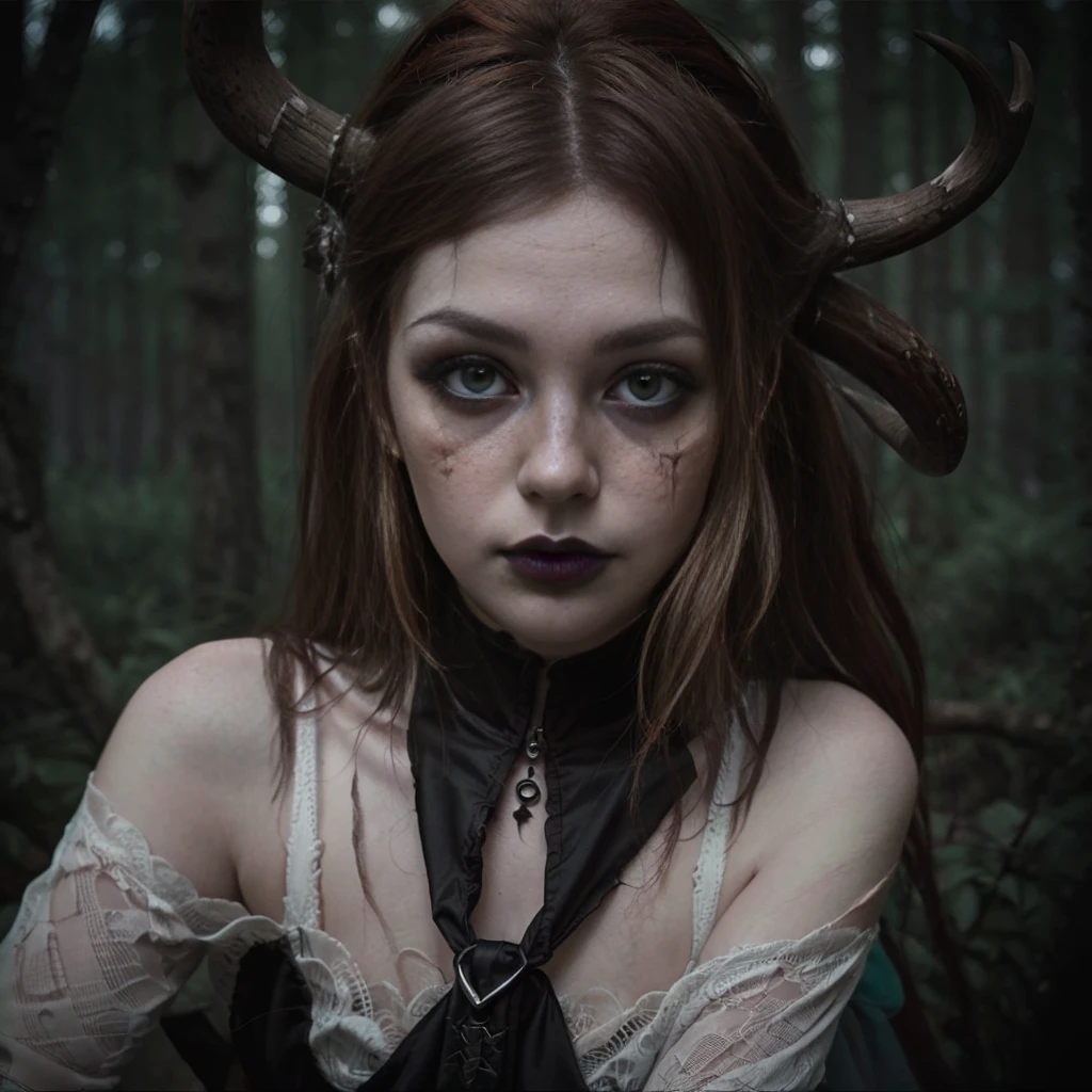 (Best Quality,hight resolution,Masterpiece, portrait:1.2),Ultra-detailed,blonde demon woman with black metal make-up,sickly, standing with a desolated land in the background, she's wearing a viking helmet with deer horns, desolated landscape in the background, black dripping make up, black metal make-up, demon woman with deer horns, close up portrait, viking witch aesthetic, nordic traits, cinematic portrait shot, horror vibes, centered subject,gloomy ecstasy,fetish,dark gloomy atmosphere, creepy atmosphere, gritty texture,Retro-atmosphere,warped reality,melancholic expression on his face,mysterious aura,foggy atmosphere,foggy background,Subtle color palette,provocative pose,Strong emotions,Coming Out of the Depths of Despair,Piercing gaze,intense shadows,Plunged in Darkness,dark industrial aesthetic,ominous vibe,A supernatural sensation,Loss of Place in Time and Space,Eerie silence.asymmetrical hair, freckles, blonde hair, Bangs, freckles, gray eyes,