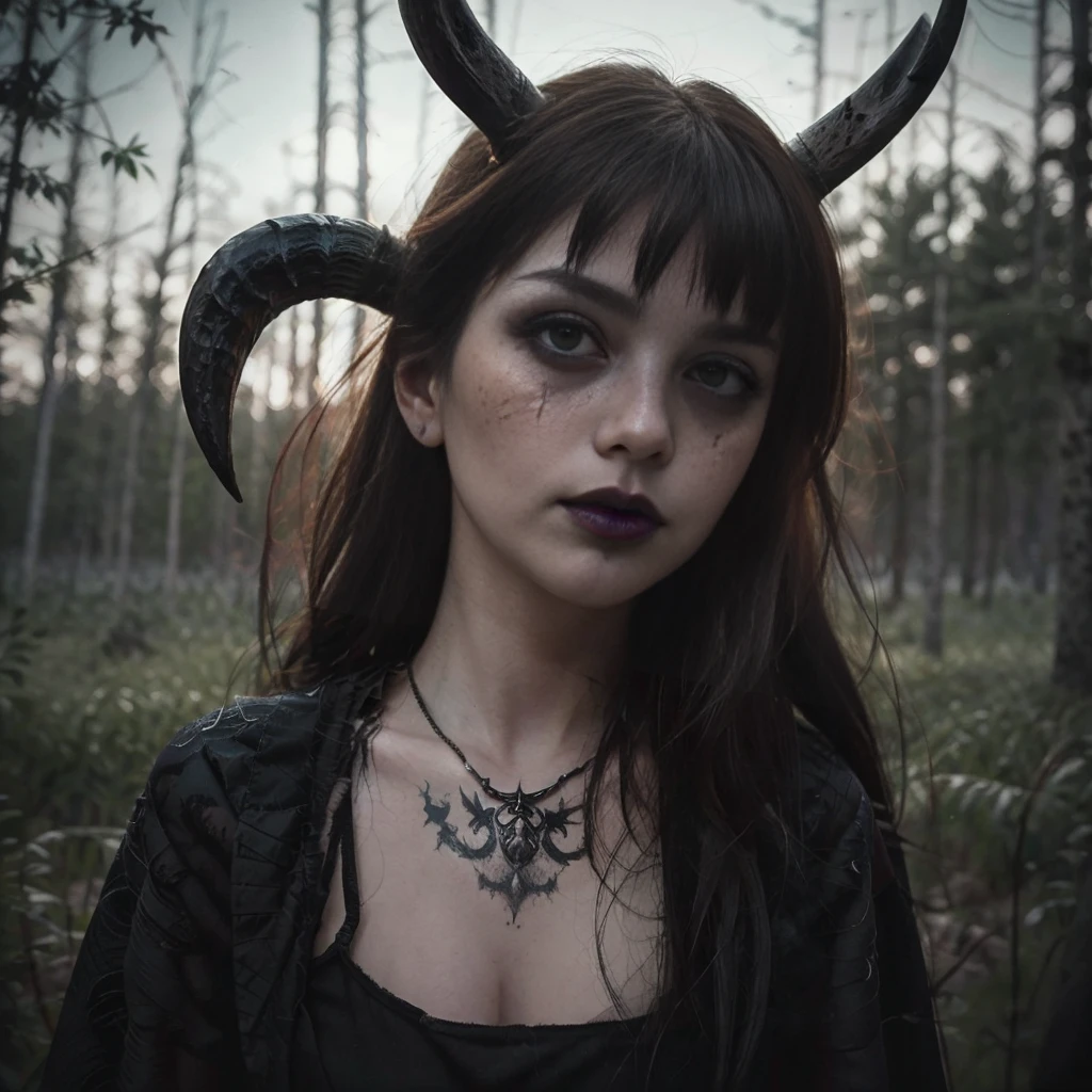 (Best Quality,hight resolution,Masterpiece, portrait:1.2),Ultra-detailed,blonde demon woman with black metal make-up,sickly, standing with a desolated land in the background, she's wearing a viking helmet with deer horns, desolated landscape in the background, black dripping make up, black metal make-up, demon woman with deer horns, close up portrait, viking witch aesthetic, nordic traits, cinematic portrait shot, horror vibes, centered subject,gloomy ecstasy,fetish,dark gloomy atmosphere, creepy atmosphere, gritty texture,Retro-atmosphere,warped reality,melancholic expression on his face,mysterious aura,foggy atmosphere,foggy background,Subtle color palette,provocative pose,Strong emotions,Coming Out of the Depths of Despair,Piercing gaze,intense shadows,Plunged in Darkness,dark industrial aesthetic,ominous vibe,A supernatural sensation,Loss of Place in Time and Space,Eerie silence.asymmetrical hair, freckles, blonde hair, Bangs, freckles, gray eyes,