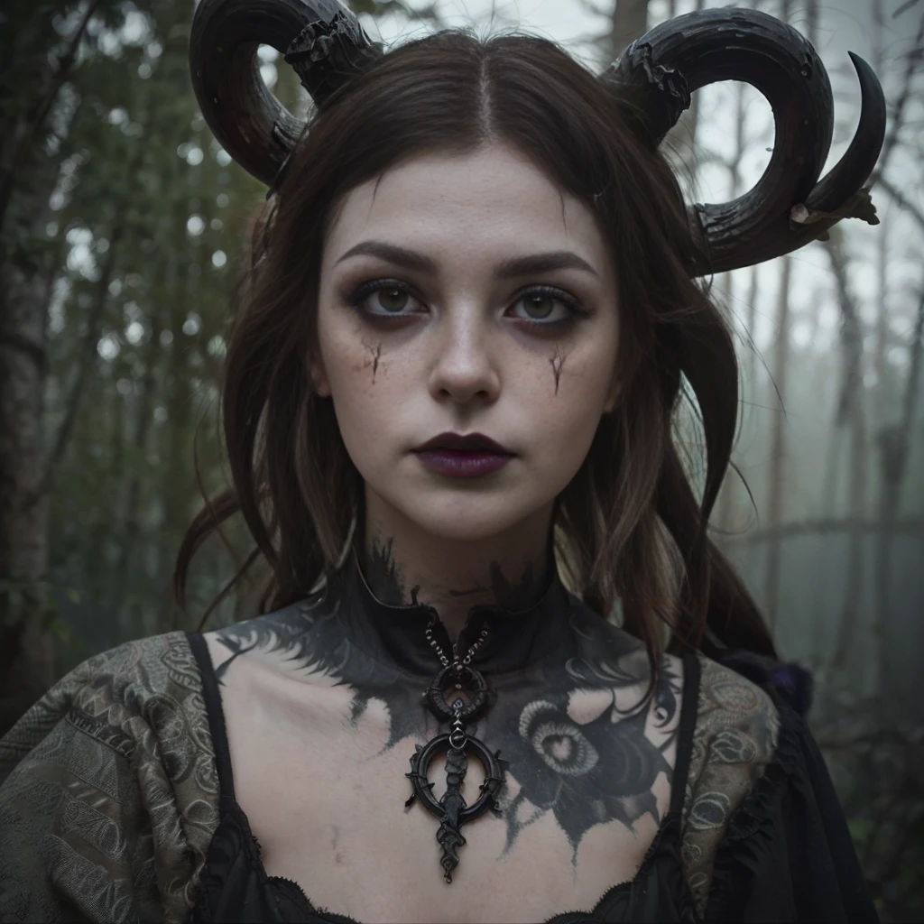 (Best Quality,hight resolution,Masterpiece, portrait:1.2),Ultra-detailed,blonde demon woman with black metal make-up,sickly, standing with a desolated land in the background, she's wearing a viking helmet with deer horns, desolated landscape in the background, black dripping make up, black metal make-up, demon woman with deer horns, close up portrait, viking witch aesthetic, nordic traits, cinematic portrait shot, horror vibes, centered subject,gloomy ecstasy,fetish,dark gloomy atmosphere, creepy atmosphere, gritty texture,Retro-atmosphere,warped reality,melancholic expression on his face,mysterious aura,foggy atmosphere,foggy background,Subtle color palette,provocative pose,Strong emotions,Coming Out of the Depths of Despair,Piercing gaze,intense shadows,Plunged in Darkness,dark industrial aesthetic,ominous vibe,A supernatural sensation,Loss of Place in Time and Space,Eerie silence.asymmetrical hair, freckles, blonde hair, Bangs, freckles, gray eyes,