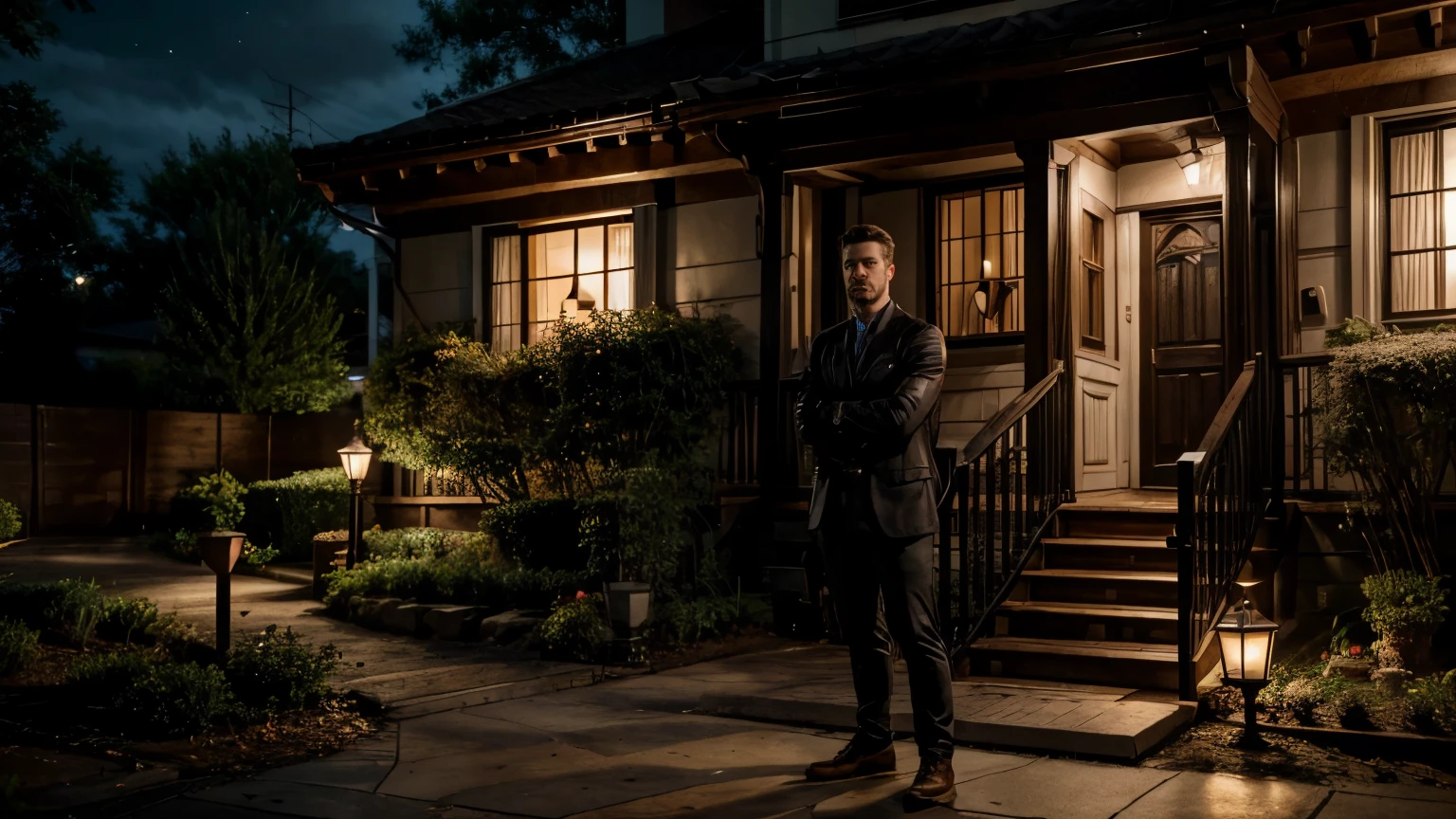a handsome white man, 30 years old, angry to a middle age man, dark-haired, high quality, detailed, photorealistic, warm lighting, outside the house ambience, intricate details, masterpiece, 8k, ultra-detailed