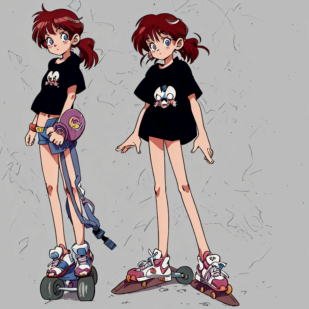 cartoon of a girl with a skateboard and a skateboard, 9 0 s anime style, 90s anime style, flat anime style, 1980's anime style, modern anime style, mihoyo art style, 8 0 s anime style, anime style character, urban girl fanart, [ character design ], style anime, full body character design