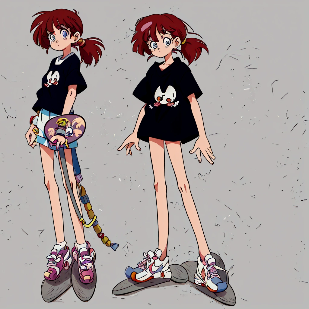 cartoon of a girl with a skateboard and a skateboard, 9 0 s anime style, 90s anime style, flat anime style, 1980's anime style, modern anime style, mihoyo art style, 8 0 s anime style, anime style character, urban girl fanart, [ character design ], style anime, full body character design