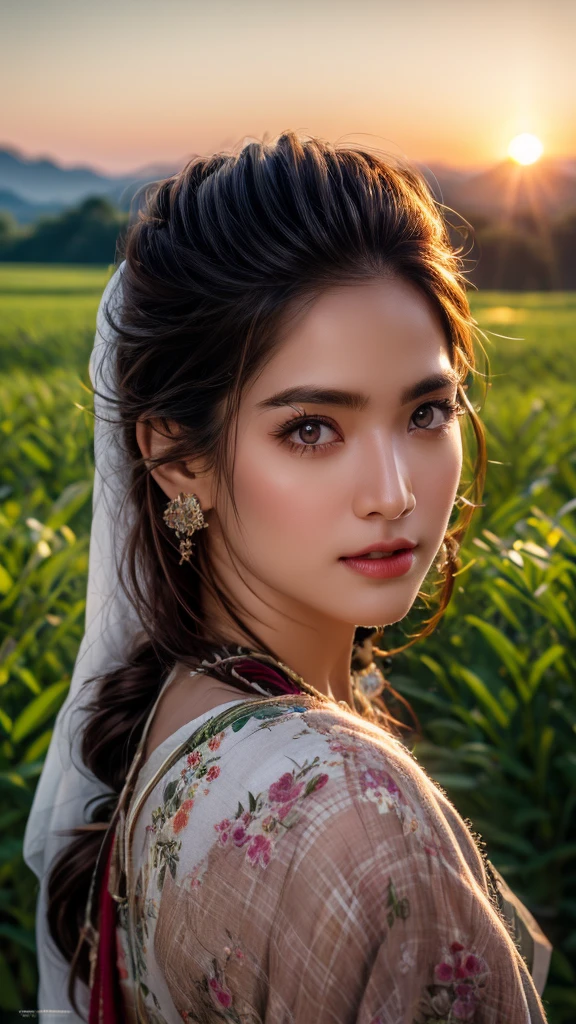 ((majestic:1.5)), ((hyper realistic:1.5)), uhd:1.3, RAw photo, intricately detailed, beautiful sunrise over rice fields in India, Indian farmers harvesting rice, beautiful detailed eyes, beautiful detailed lips, extremely detailed eyes and face, long eyelashes, traditional Indian clothing, serene rural landscape, golden hour lighting, warm color tones, soft focus, photorealistic, 8k, high resolution, masterpiece, ultra-detailed, professional photography, vibrant colors, natural lighting, cinematic composition