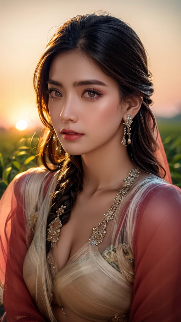 ((majestic:1.5)), ((hyper realistic:1.5)), uhd:1.3, RAw photo, intricately detailed, beautiful sunrise over rice fields in India, Indian farmers harvesting rice, beautiful detailed eyes, beautiful detailed lips, extremely detailed eyes and face, long eyelashes, traditional Indian clothing, serene rural landscape, golden hour lighting, warm color tones, soft focus, photorealistic, 8k, high resolution, masterpiece, ultra-detailed, professional photography, vibrant colors, natural lighting, cinematic composition