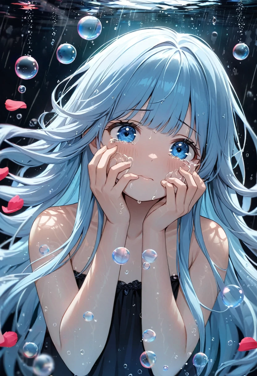 masterpiece, best quality, extremely detailed, (illustration, official art:1.1), 1 girl ,(((( light blue long hair)))), ,(((( light blue long hair)))),light blue hair, long hair ((blush)) , cute face, big eyes, masterpiece, best quality,(((((a very delicate and beautiful girl,))))),Amazing,beautiful detailed eyes,blunt bangs、((((little delicate girl)))),tareme(true beautiful:1.2), sense of depth,dynamic angle, ,flat chest, Ultra-detailed photography with great depth of field, detailed eyes, ,small breasts,(((Put your hands on your face、))),(masterpiece,best quality,ultra-detailed),1girl,beautiful and detailed face, detailed eyes,Earth,Lanky ,((Tears, drops, bubbles, underwater))),rain,Black,Big tears,bubbles tears、Slender、Close your mouth、Pink Lips 、Beautiful girl alone、、a miniskirt、(((,(White flowers,full bloom),(abyssal),(Flowing water),(a dull blue world tree:1.14))))、Beautiful girl alone、 choker、Dark red dress、 , head down, head tilt, (from side:0.75)、muito sensual, com roupas apertadas,, extremamente sexy, ,dal-1、、l, flower, garden, starry sky, Beautiful modeling,, close up of face, ,Her eyes shone like dreamy stars,tsurime,tomie,Petal_background,dianshang