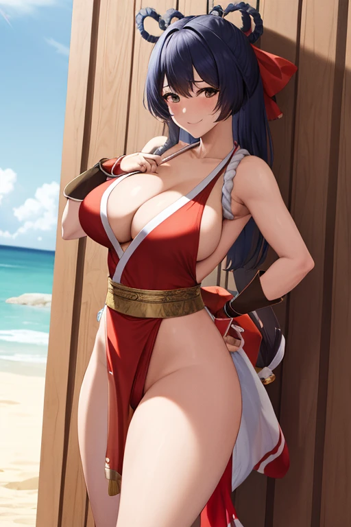 masterpiece, best quality, beautiful art, high resolution, well formed hands, body and fingers, 1 woman, solo, Xiangling, grown up, cosplaying as Mai Shiranui , mai_shiranui_cosplay, adult, large and round breasted, cleavage full body, hair ribbon, gorgeous legs and, thighs, sexy Japanese clothes, hair ornament , sexy legs , hips and thighs,doing exercise, warming up, working out, sexy and captivating training, smiling joyfully and happily , looking at the viewer, panties peek, sweating , bouncing breasts, t back thong, training montage session, beach environment