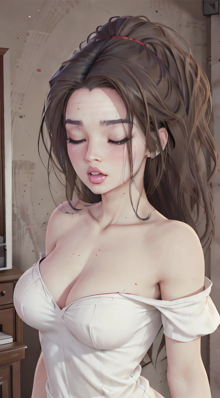 Sexy woman, eyes closed, mouth open, very deep blush, tip of the nose is red, long neck, off shoulder pink sweater, medium chest, visible cleavage, bedroom, warm lighting ,in bed