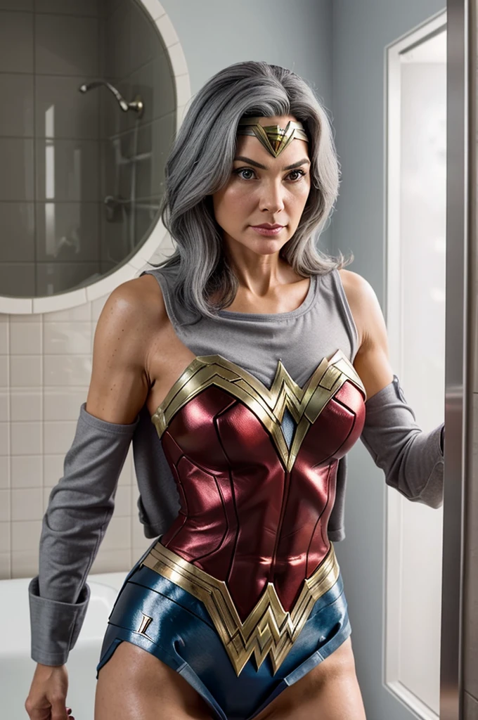 Create an image of 60 year old wonder woman with grey hair removing her suit in her bathroom