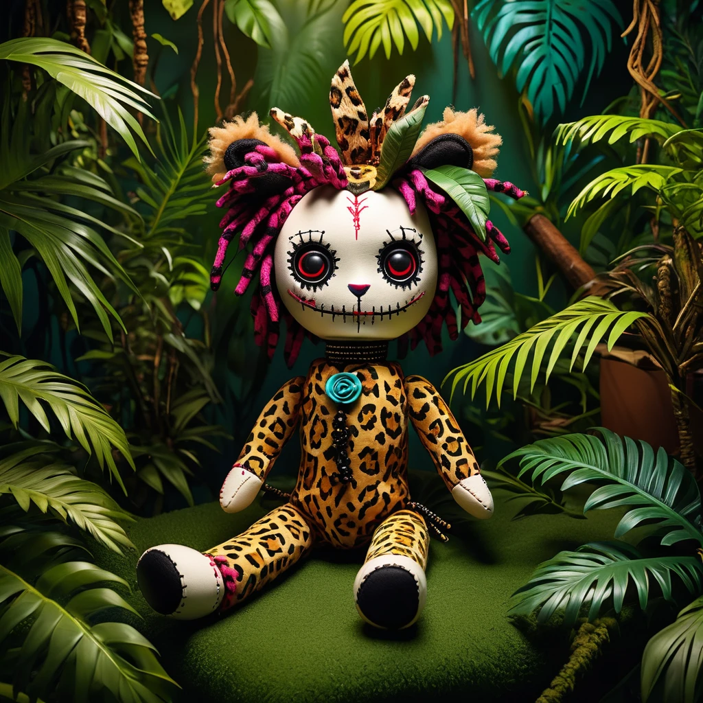 (knitted toy voodoo doll:1.8), (Voodoo Doll in Leopard Print:1.3), (Clothing: fierce leopard-print outfit with bold patterns:1.0), (Accessories: enchanted jungle leaf emitting a wild glow, floating animal prints:1.1), (background: lush jungle with exotic plants, wild animals, and an atmosphere of untamed adventure:1.2), best quality, masterpiece, detailed soft oil painting, detailed background, dramatic cinematic lighting, soft edge lighting, professional, dramatic lighting, hard edge lighting, ultra quality, 4k,masterpiece, best quality, 8k, ultra highres, highres, extremely detailed