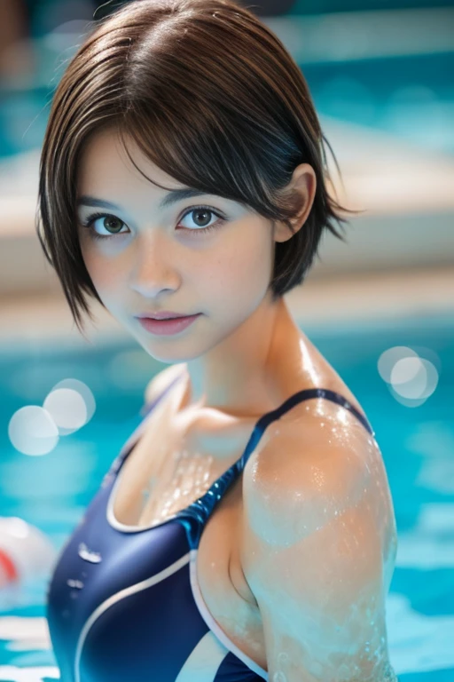 ((Silver Hair))、((Short Hair))Fox Ears、Dreamy atmosphere, High Contrast, Ultra Sharp, Studio shot、Upper body portrait、Angle from below、(Navy School Swimsuit :1.2), (Small breasts), Focus on the chest、Slim Body Enhancement、Realistic、Realistic、Highly detailed cute girl、alone、18-year-old、Japanese、Melancholic expression, Brown Hair、Medium long cut hair, Background Pool、Out of focus、Blurred、
