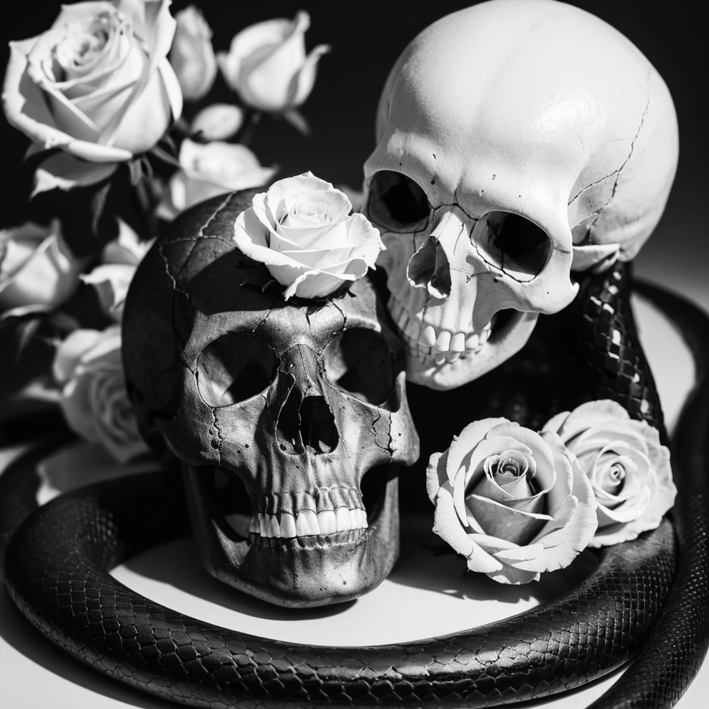 skull, white rose, black snake, monochrome photo