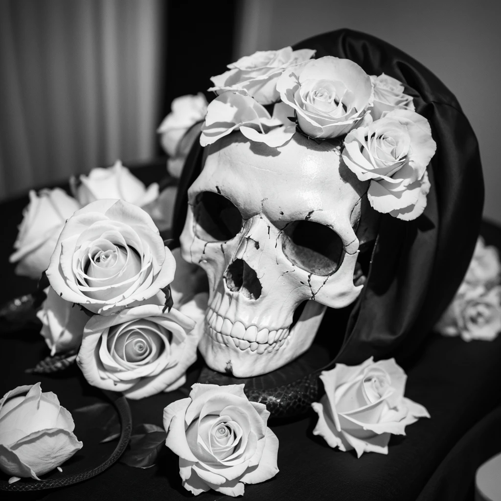 skull, white rose, black snake, monochrome photo