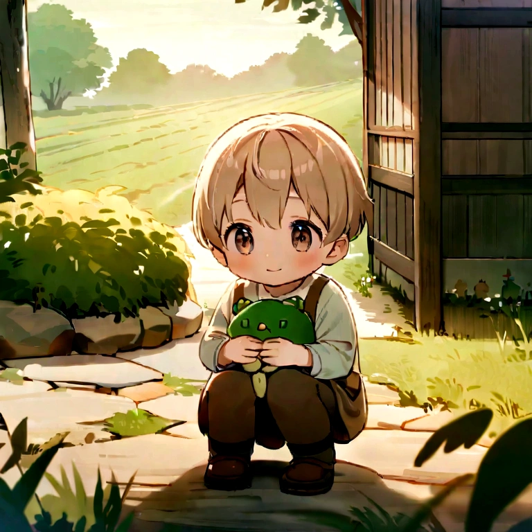 Outside a quiet country cottage,A cute 3-year-old boy is squatting on the dirt ground,Wearing simple straw clothes。His eyes sparkled with curiosity.,Holding a cute little animal doll in his hand。Surrounded by green fields and smoke rising gently in the distance,Exudes a warm atmosphere。The picture delicately captures the child's innocent smile and tender skin texture,It seems to make people feel like they are in a slow-paced and quiet rural life.。