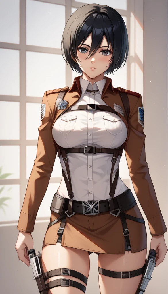 score_9, score_8_up, score_7_up, BREAK source_anime, adult mikasa ackerman, black eyes, black hair, short hair, medium breasts, military uniform, armor, belt, thigh strap,sexy shrots