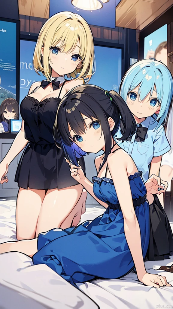 A group of girls in blue dresses taking pictures, happy birthday