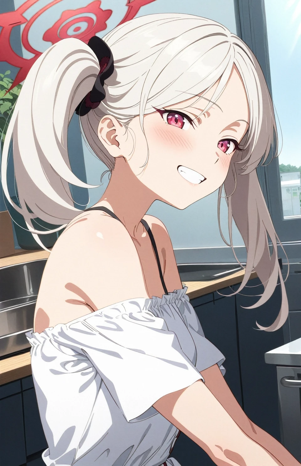 best quality, amazing quality, very aesthetic, absurdres, (1girl, mutsuki, blue archive, solo, red eyes, white hair, side ponytail), (realistic face:0.7),(off-shoulder dress:2), (grin, blush, thigh:1.3), (cowboy shot), (glowing eyes:1.1), (half closed eyes:0.9), (from side:2),(from above:0.2), (kitchen), expressive eyes, perfect face, 4k, extremely detailed anime illustration, extremely detailed eyes, perfect anatomy, light rays, extremely delicate body, smooth skin, (school background:1.5), clear eyes, beautiful face, small breasts,(anime style:1.5), (Chiaroscuro:1.5), (highres:2), cinematic
