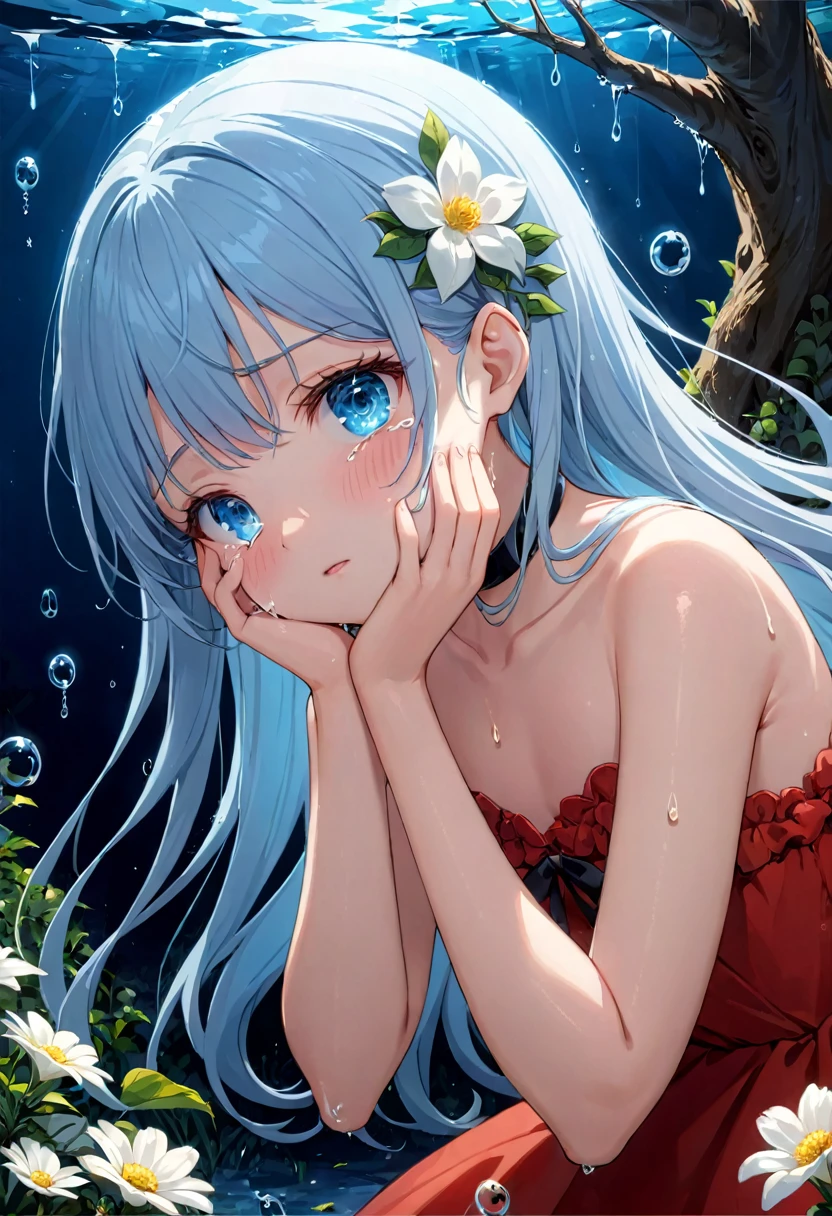 masterpiece, best quality, extremely detailed, (illustration, official art:1.1), 1 girl ,(((( light blue long hair)))), ,(((( light blue long hair)))),light blue hair, long hair ((blush)) , cute face, big eyes, masterpiece, best quality,(((((a very delicate and beautiful girl,))))),Amazing,beautiful detailed eyes,blunt bangs、((((little delicate girl)))),tareme(true beautiful:1.2), sense of depth,dynamic angle, ,flat chest, Ultra-detailed photography with great depth of field, detailed eyes, ,small breasts,(((Put your hands on your face、))),(masterpiece,best quality,ultra-detailed),1girl,beautiful and detailed face, detailed eyes,Earth,Lanky ,((Tears, drops, bubbles, underwater))),rain,Black,Big tears,bubbles tears、Slender、Close your mouth、Pink Lips 、Beautiful girl alone、、a miniskirt、(((,(White flowers,full bloom),(abyssal),(Flowing water),(a dull blue world tree:1.14))))、Beautiful girl alone、 choker、Dark red dress、 , head down, head tilt, (from side:0.75)、muito sensual, com roupas apertadas,, extremamente sexy, ,dal-1、、l, flower, garden, starry sky, Beautiful modeling,, close up of face, ,Her eyes shone like dreamy stars,tsurime,tomie,Petal_background,dianshang