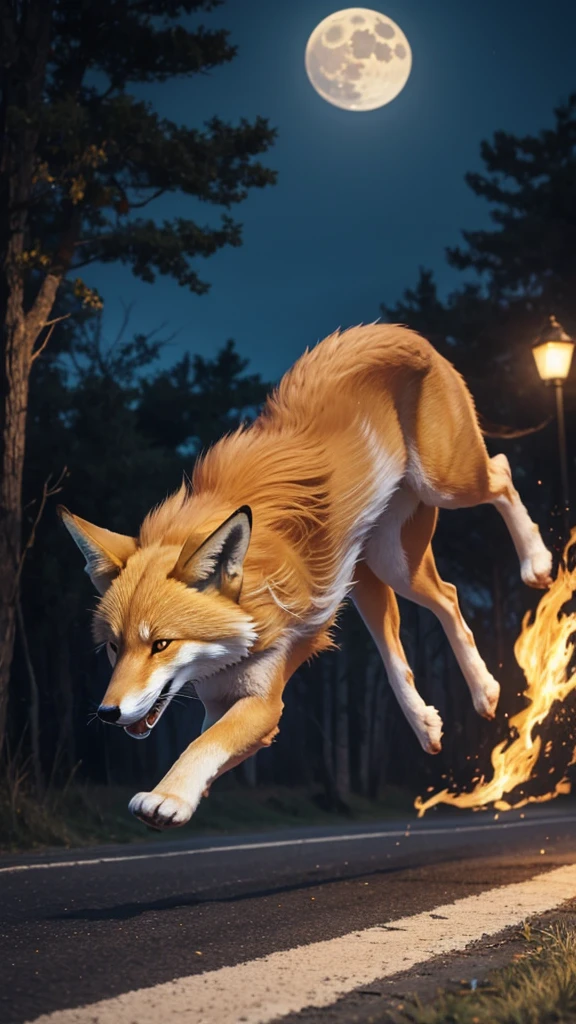 Golden fox in the full moon、sprinting