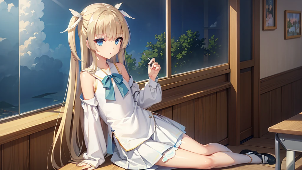 ((masterpiece)),(best quality),Official Art,Extremely detailed CG,Unity 8K wallpaper,Very detailed,Beautiful and delicate eyes,Extremely detailed face,1 girl,solitary,,(whole body:1.5),(small:1.3),，Sunny and cloudless，summer，Daisies in the wind on the corner，The scent of jasmine blossoms，It turns out that missing you is a message with added sugar，I drew it carefully with pencil，Sketch the weather that year，Summer with chirping cicadas，I want to meet you。Sailor Suit，Sky blue bow tie，Sitting in the classroom
