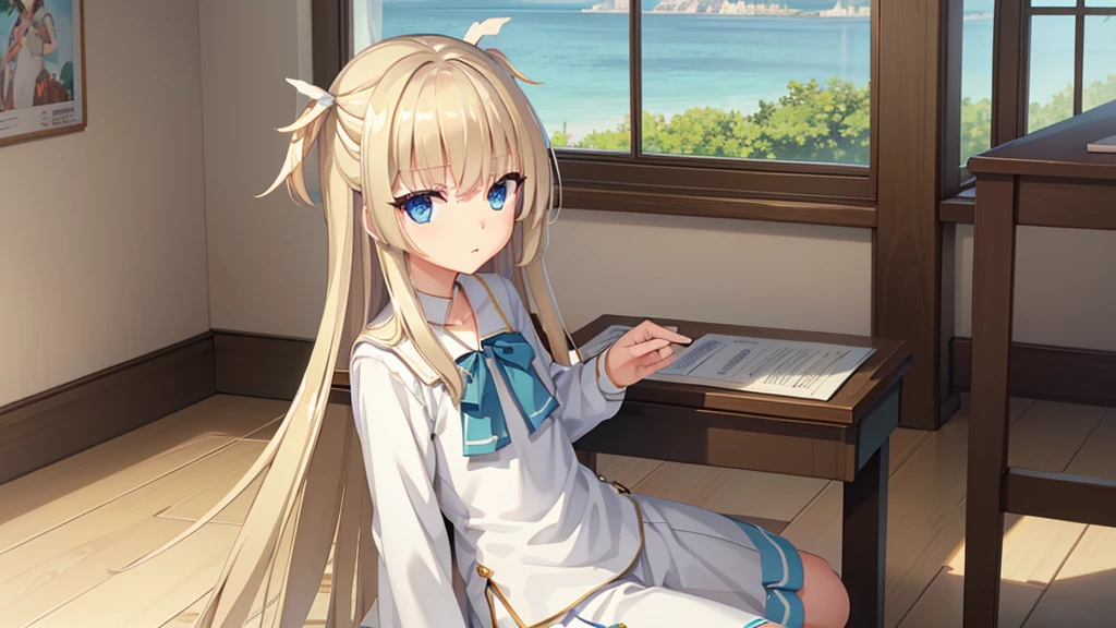 ((masterpiece)),(best quality),Official Art,Extremely detailed CG,Unity 8K wallpaper,Very detailed,Beautiful and delicate eyes,Extremely detailed face,1 girl,solitary,,(whole body:1.5),(small:1.3),,Sunny and cloudless,summer,Daisies in the wind on the corner,The scent of jasmine blossoms,It turns out that missing you is a message with added sugar,I drew it carefully with pencil,Sketch the weather that year,Summer with chirping cicadas,I want to meet you。Sailor Suit,Sky blue bow tie,Sitting in the classroom