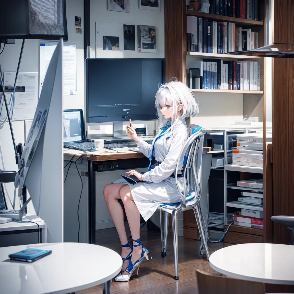 Single White hair women with blue eyes ,table, chair , office room, looking straight, tall,cute, high-quality,