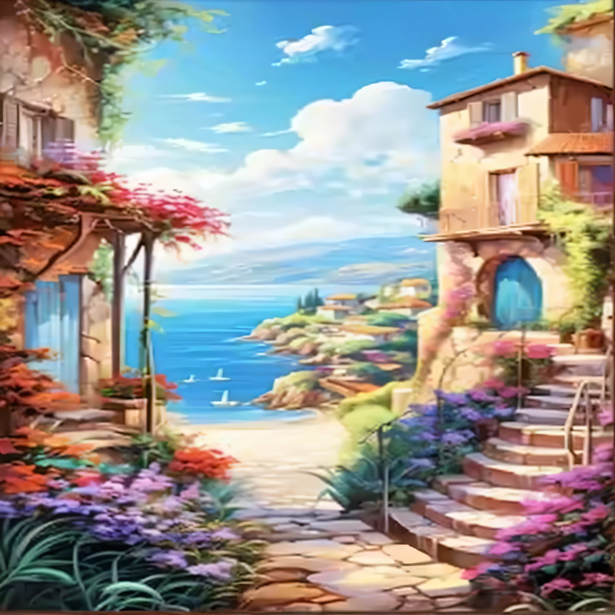 A painting,The painting shows a path leading to a house full of flowers, mediterranean vista, 在mediterranean vista中, Landscape Art Detail, mediterranean vista, Landscape Artwork, The colors are brilliant and rich, Detailed scenery, colorful、Rich in details, mediterranean city, Inspired by Guido Borelli da Caruso, Beautiful city view, Incredibly beautiful, mediterranean island scenery, Beautiful painting