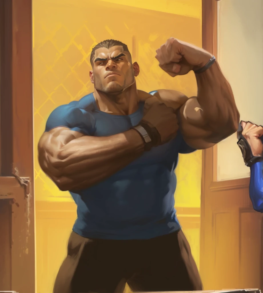 cartoon of a man with a fist in a room with a woman, buff man, big muscles, big arms, very buff, muscular characters, muscular!, big muscle, muscular character, heavy looking, buff painting, strong and imposing, muscular!!, big biceps, large muscles, super buff and cool, muscular male hero, doomfist, heavy gesture style closeup