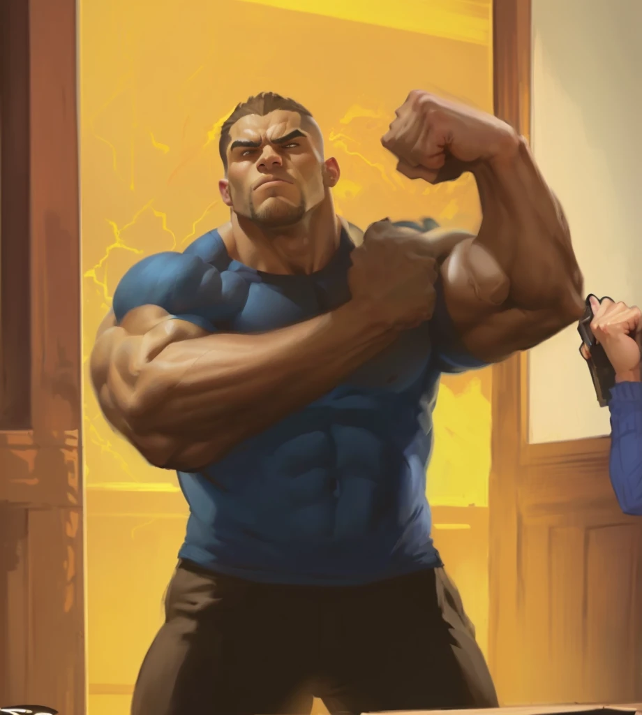 cartoon of a man with a fist in a room with a woman, buff man, big muscles, big arms, very buff, muscular characters, muscular!, big muscle, muscular character, heavy looking, buff painting, strong and imposing, muscular!!, big biceps, large muscles, super buff and cool, muscular male hero, doomfist, heavy gesture style closeup