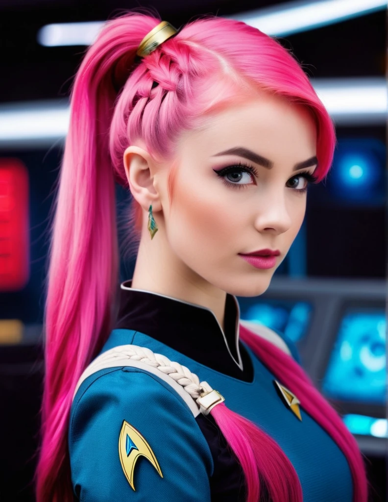 very attractive 25 year old girl with long bright pink hair, hair styled in a braided ponytail, wearing star trek uniform, pointed vulcan ears, photo quality