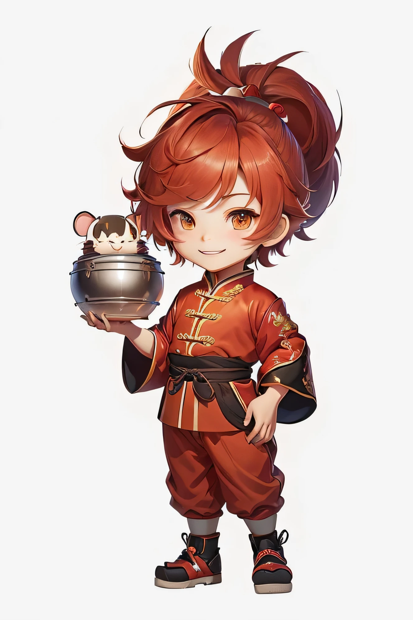 A cartoon boy in red Chinese costume holding a sieve, Happy smile,zhongli from Genshin Impact impact, Maple Story Character Art, keqing from Genshin Impact impact, Moon Themed Clothing, Inspired by Pu Hua, Genshin Impact impact character, guys, Adventure Island, Genshin Impact, Advanced Digital Chibi Art, Adventure Island mouse, Lovely characters, Chinese Clothing, Official Art