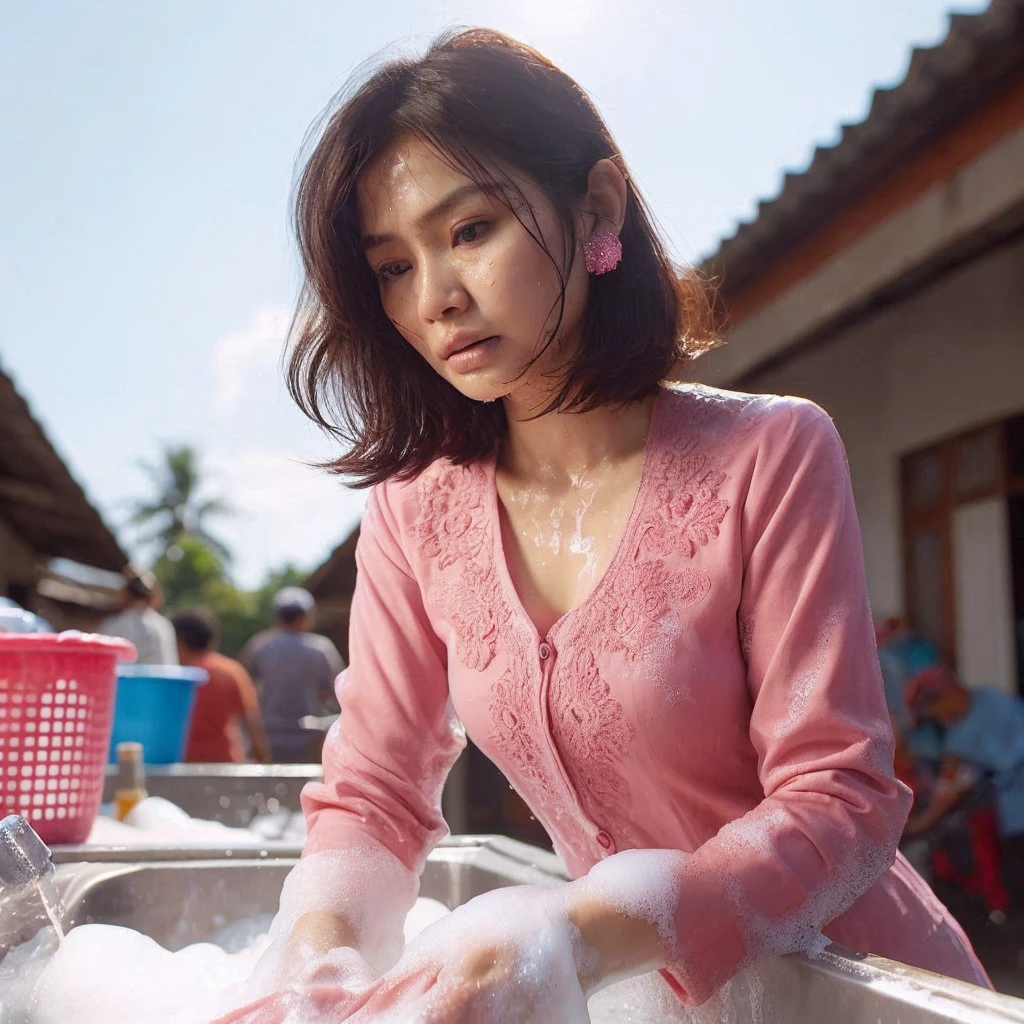 indonesian mother, 29 years old, short hair, thick hair, pink longsleeve, polite clothes, standing, washing clothes foam,sweating, stifling hot, frown,  side angle, middle position, medium view,  outdoor bakcground,bright sun, blue sky, Ultra HD --v 6.0, high brightness, soft bright lighting, daylight lighting