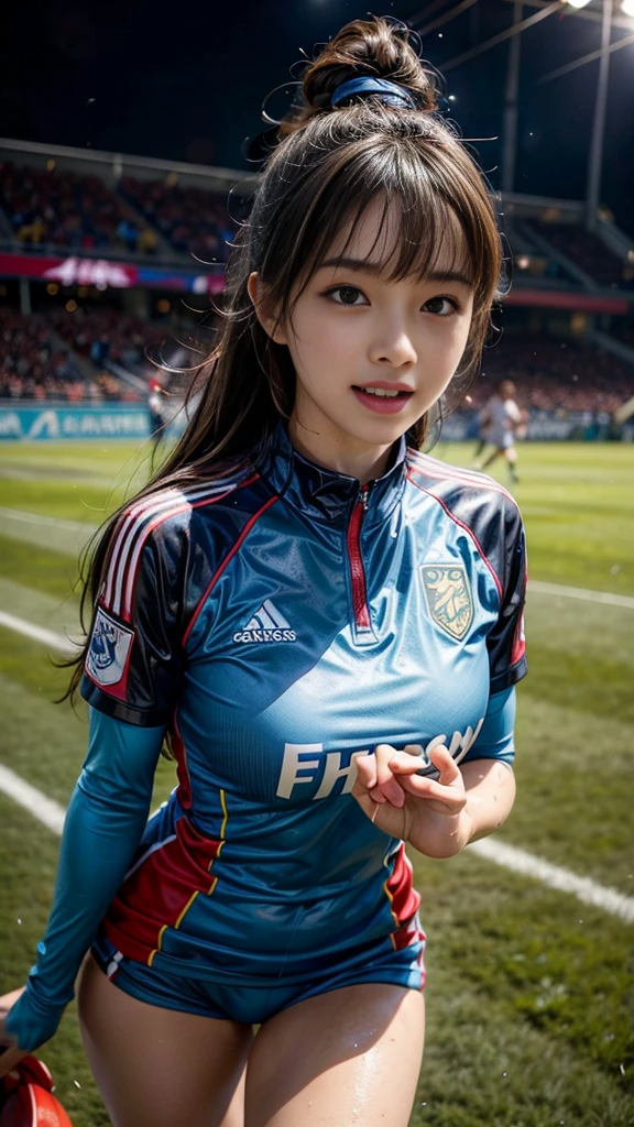 Highest quality, High resolution:1.2, Very detailed, Realistic:1.3, ((Beautiful woman))、((Super tight uniform))、((Big Breasts))、Vibrant colors, play soccer,((Blunt bangs))、Various Hair Styles、Different hair colors、With bangs、Wet Hair, concentrate, splash, Action Shots, Grass blotches, Muddy ground, Wet turf, decide, Fast-paced games, Athletic physique, Shiny soccer ball, Wet Uniform, raindrop, Blurred motion, ボールにconcentrateする, Intense competition, Skillful dribbling, Energetic play, Teamwork, powerful shoots, Wet pitch, Passionate sports, Fierce decide, Humid atmosphere, Fluid movement, emotional expression、Dramatic lighting, Women's Sports, Avid athletes, Exciting Games, Endure, Excited state, Speed and agility, Energetic play, 濡れたsplash、smile、Red Uniform