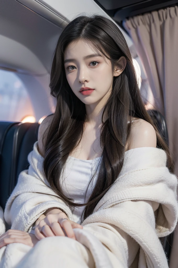 (((best quality))),(((ultra detailed))),(((masterpiece))),illustration,(a beautiful girl,female passenger,solo),((slim,thin,small breasts,flat chest)),summer night,((in airplane,economy class,indoor)),(blanket over shoulders:1.3),((dress)),(shoulder length straight hair:1.2),stars,moonlight,smooth flight,engine sound,lullaby,relaxed,excited,happy,visiting family,comfortable seats,soft fabric,headrests,adjustable,beauty of night sky,thinking about family,friends,dimmed lights,sleeping passengers,movies,personal screens,staying awake,magic of sky,joy of being with family,memorable journey,adventures,(surrounded by crowded crowds:1.3)