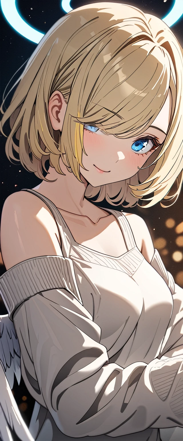 ((angel, big big white wings:1.3, halo:1.3)), (((upper body))), ((flying)), archangel Uriel, ((wavy hair, outward curled hair)), evening, Sunset, ((blond hair, bob cut:1.3)), breasts, teenager, (looking at viewer), oversized clothes, puffy long sleeves, collarbone, ((off-shoulder sweater dress:1.3, Quite thick shoulder straps)), (((sleeves past wrists:1.3))), ((white sweater)), collarbone, head tilt:1.3, (((blue eyes))), ((happy smile)), (((anime style))), (best quality, 4K, 8K, highres, masterpiece:1.2, ultra-detailed, ultra-detailed eyes, HDR, uhd, studio lighting, ultra-fine painting, sharp focus, physically-based rendering, extreme detail description, professional, vivid colors, bokeh), ((Highest quality, Best image quality, Ultra-high resolution, Ultra-high resolution, solo, Strong eye highlights)), Depth of written boundary, Natural soft light, attractive, Beautiful Face, Cleanliness, Pure Face, medium chest, Beautiful Face, Perfect Fingers, Perfect hands, Perfect body, Perfect Face, Shine a light into your eyes, Perfect Anatomy