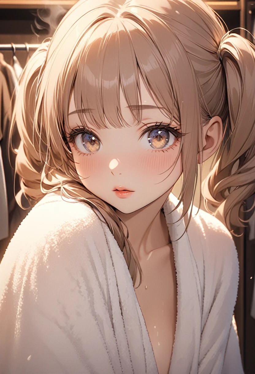 1girl, extremely cute girl, soft and fluffy twin tails, after , , steam, wrapped in thin towel, middle breasts, shy, beautiful detailed eyes, beautiful detailed lips, extremely detailed face, long eyelashes, delicate facial features, serene expression, soft lighting, warm color tones, photographic, 16k, high resolution, detailed description, cinematic, masterpiece