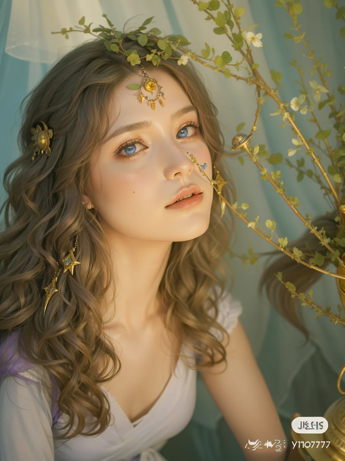 (masterpiece, top quality, best quality, official art, beautiful and aesthetic:1.2), (1girl:1.3), wavy long hair, light purple hair, extremely detailed, portrait, looking at viewer, solo, (full body:0.6), detailed background, close up, blue eyes, (cold arctic winter theme:1.1), fortune teller, charlatan, smirk, mysterious, sitting at table, colorful shoulderless loose gypsy fortune teller clothes, chalice, tarot cards, crystal ball, medieval (tent interior:1.1) background, tent curtains in background, dark mysterious lighting, shadows, magical atmosphere, starry night,, dutch angle
