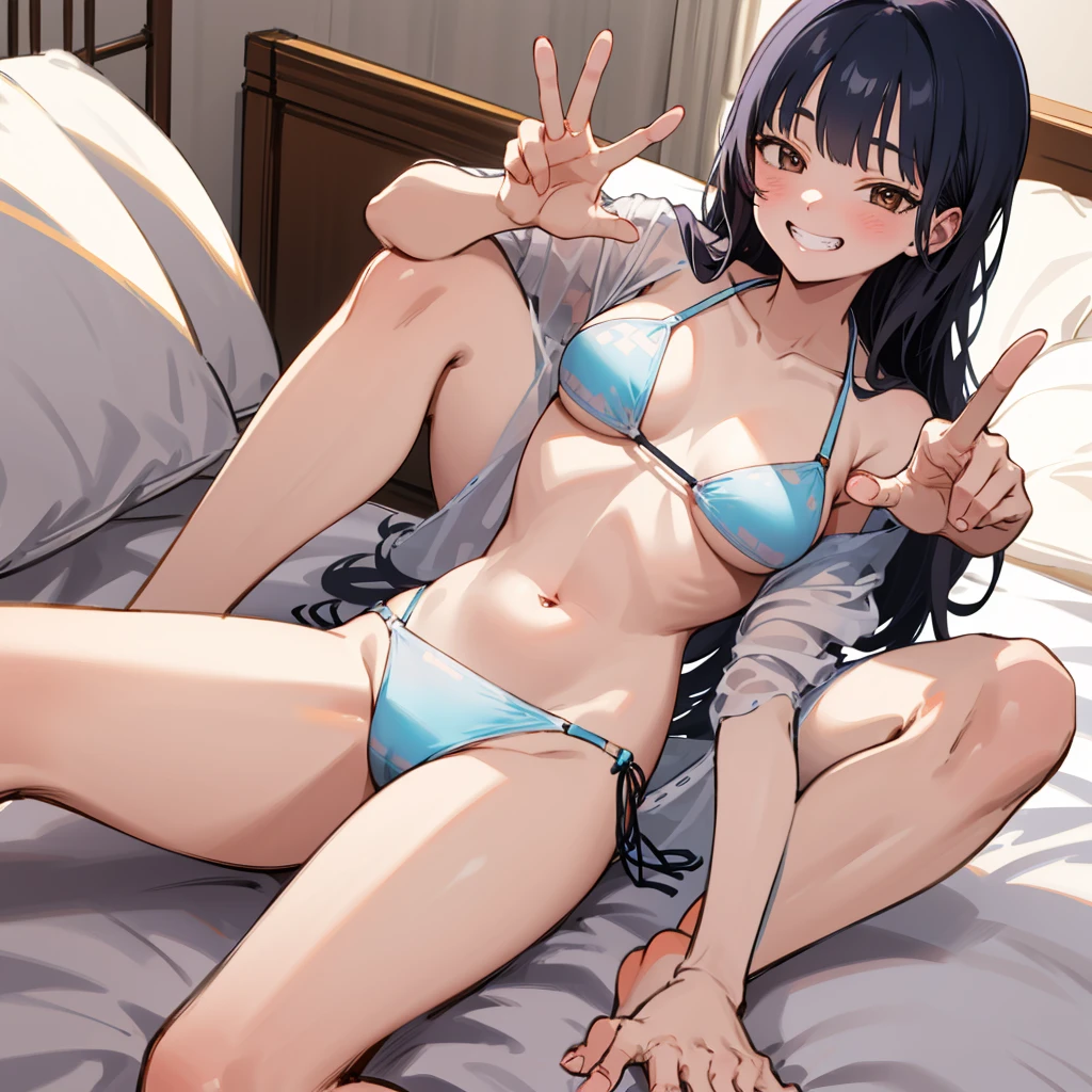 aaanna, long hair, brown eyes,bikini,on bed,grin,peace pose