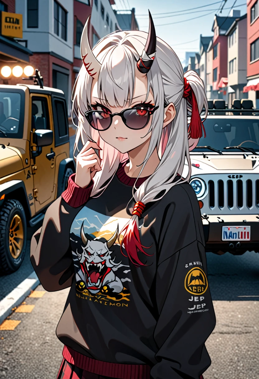 8K Ultra High-Quality, ultra-detailed, High quality, Nakiri Ayame, white oni horns, black shades, sweater, jeep in the background