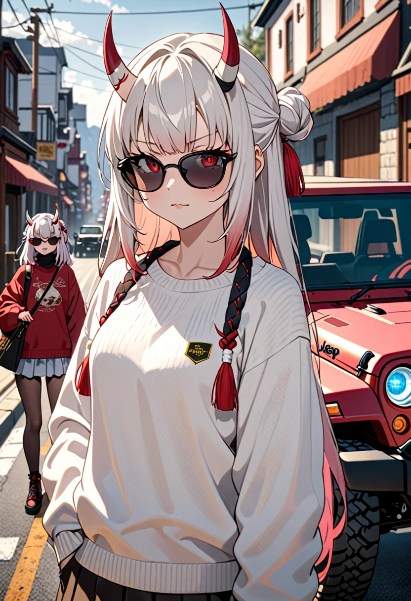 8K Ultra High-Quality, ultra-detailed, High quality, Nakiri Ayame, white oni horns, black shades, sweater, jeep in the background