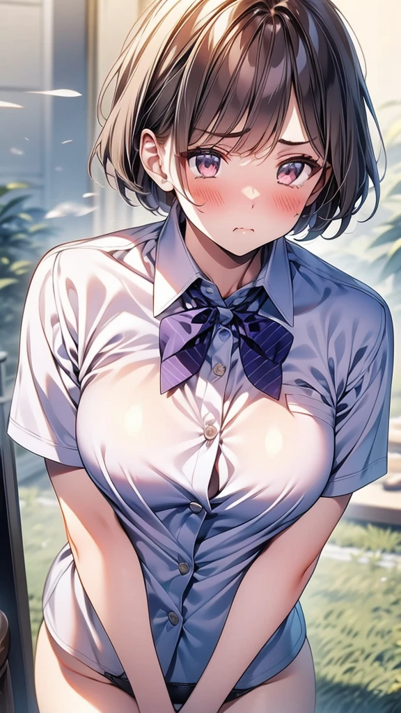 (Beautiful woman、thin), Perfect Anatomy, (OL、White short sleeve shirt、Highest、bow tie, panties)、View your viewers, look up、(Love juice)、(Embrace your chest)、20-year-old、(Highest品質)、Black Hair, short hair、 Messy Hair, (8K, High resolution)、(Embarrassing:1.4)、(blush), Mid-chest, (vapor:1.1), Sulky face,Disgust