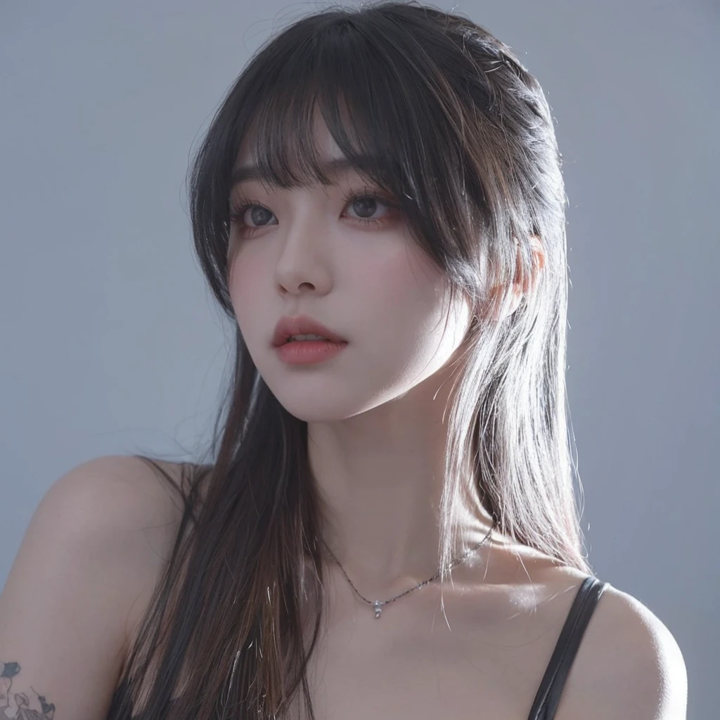 Korean girl with long black hair, straight and with bangs. Ulzzang girl with gothic style and soft face. He has black hair with bangs and pale skin.. He wears a black coat.