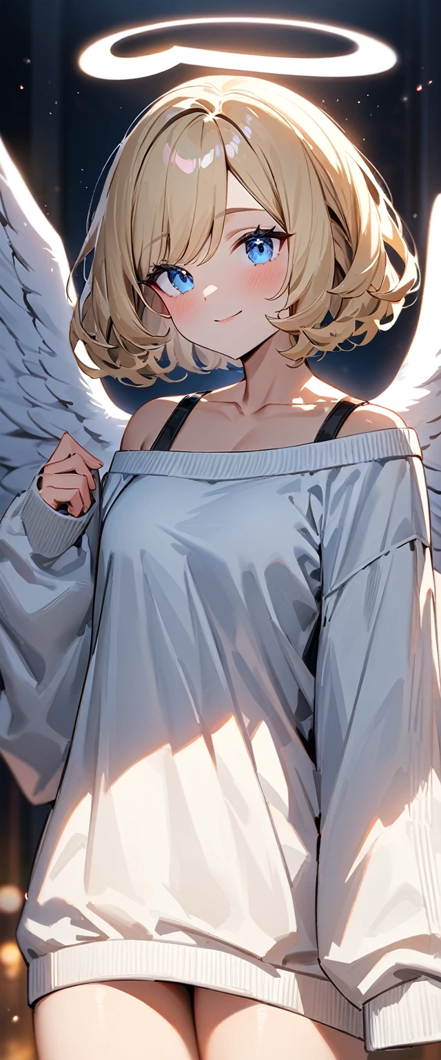 ((angel, big big white wings:1.3, halo:1.3)), (((upper body))), ((flying)), archangel Uriel, ((wavy hair, outward curled hair)), evening, Sunset, ((blond hair, bob cut:1.3)), breasts, ager, (looking at viewer), oversized clothes, puffy long sleeves, collarbone, ((off-shoulder sweater dress:1.3, Quite thick shoulder straps)), (((sleeves past wrists:1.3))), ((white sweater)), ((aran sweater)), collarbone, head tilt:1.3, (((blue eyes))), ((happy smile)), (((anime style))), (best quality, 4K, 8K, highres, masterpiece:1.2, ultra-detailed, ultra-detailed eyes, HDR, uhd, studio lighting, ultra-fine painting, sharp focus, physically-based rendering, extreme detail description, professional, vivid colors, bokeh), ((Highest quality, Best image quality, Ultra-high resolution, Ultra-high resolution, solo, Strong eye highlights)), Depth of written boundary, Natural soft light, attractive, Beautiful Face, Cleanliness, Pure Face, medium chest, Beautiful Face, Perfect Fingers, Perfect hands, Perfect body, Perfect Face, Shine a light into your eyes, Perfect Anatomy