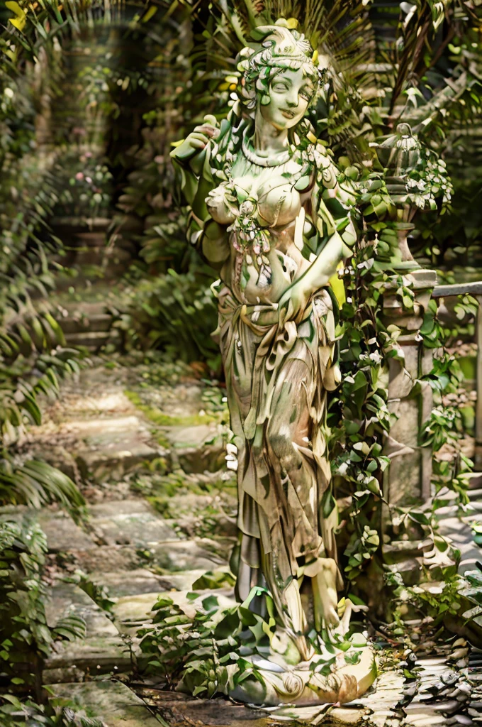 a beautiful detailed nude female statue, the venus de milo, standing in a lush garden, (best quality,4k,8k,highres,masterpiece:1.2),ultra-detailed,(realistic,photorealistic,photo-realistic:1.37),intricate marble sculpture, ornate classical architecture, dramatic lighting, cinematic composition, warm color palette, natural setting, lush foliage, romantic atmosphere