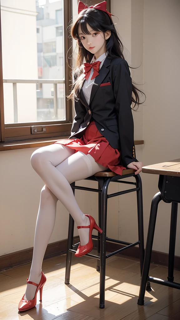 Komi Shoko, masterpiece, Highest quality, Absurd, One girl, View your viewers, v Arms, pantyhose, classroom, , Red Skirt, Red Bow, blazer, window, Sitting, Chair, crowd,Crossing your legs,Medium thighs.