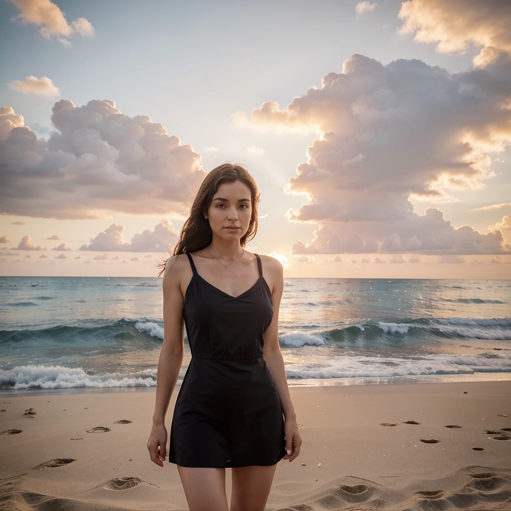 a woman in a short dress at the beach with a sunset. it must be a realistic photo we must not see that the image was made by an AI. The woman does not have to be perfect to bring more realism