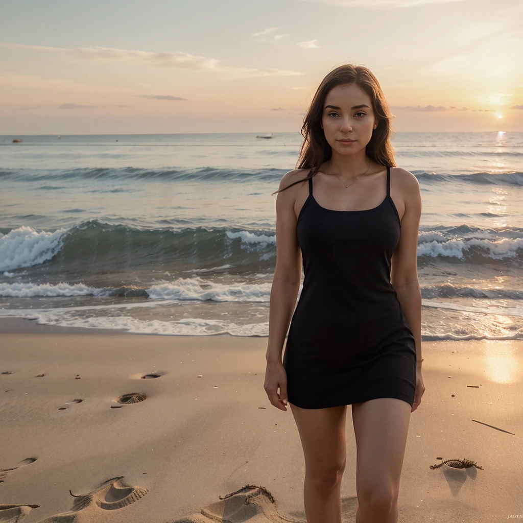 a woman in a short dress at the beach with a sunset. it must be a realistic photo we must not see that the image was made by an AI. The woman does not have to be perfect to bring more realism