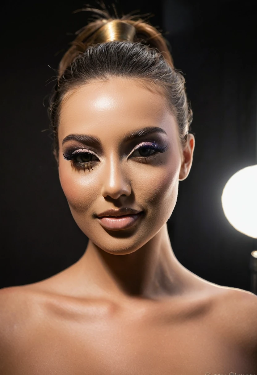 meilleure qualité, super haute résolution, un mannequin, super beau visage, corps pur, pores clairs visibles, (sourire:0.8), , (le réalisme:1.5), photo originale, corps trempé, épaules nues, dans le noir, ombres profondes, discret, lumière froide